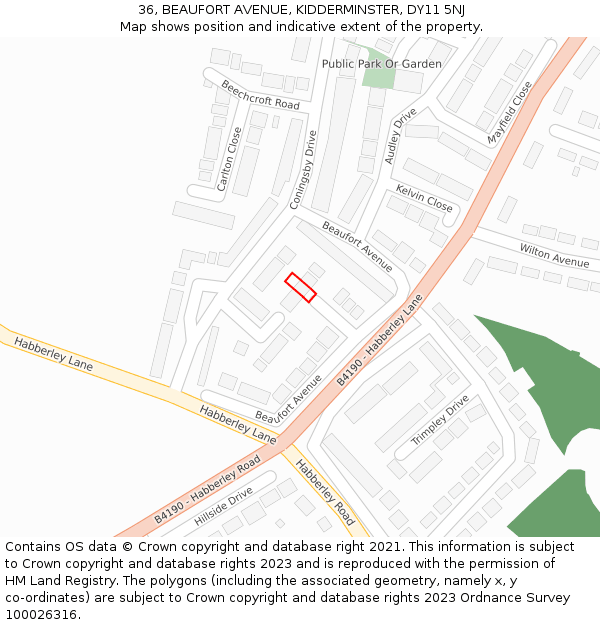 36, BEAUFORT AVENUE, KIDDERMINSTER, DY11 5NJ: Location map and indicative extent of plot