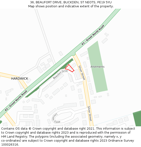 36, BEAUFORT DRIVE, BUCKDEN, ST NEOTS, PE19 5YU: Location map and indicative extent of plot