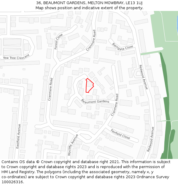 36, BEAUMONT GARDENS, MELTON MOWBRAY, LE13 1UJ: Location map and indicative extent of plot