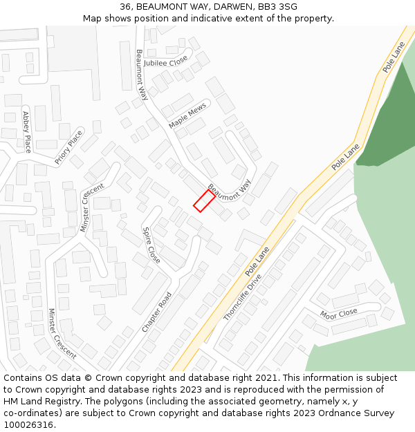 36, BEAUMONT WAY, DARWEN, BB3 3SG: Location map and indicative extent of plot