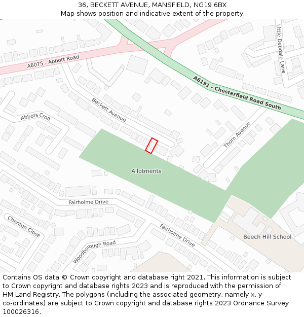 36, BECKETT AVENUE, MANSFIELD, NG19 6BX: Location map and indicative extent of plot