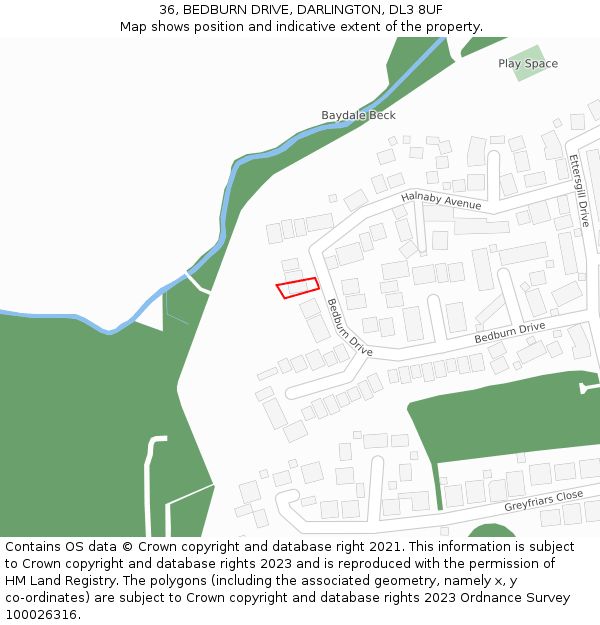 36, BEDBURN DRIVE, DARLINGTON, DL3 8UF: Location map and indicative extent of plot