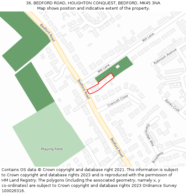 36, BEDFORD ROAD, HOUGHTON CONQUEST, BEDFORD, MK45 3NA: Location map and indicative extent of plot