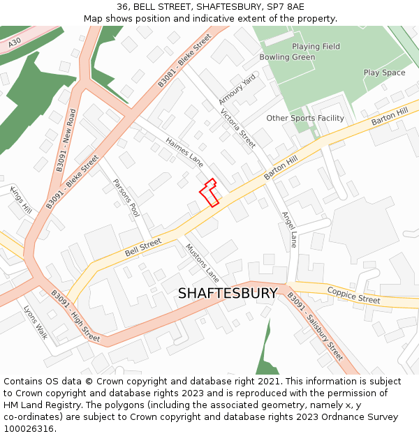 36, BELL STREET, SHAFTESBURY, SP7 8AE: Location map and indicative extent of plot