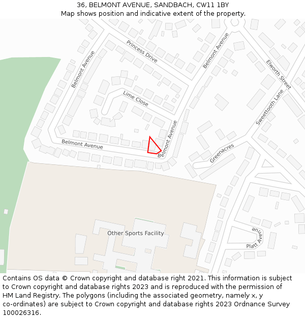 36, BELMONT AVENUE, SANDBACH, CW11 1BY: Location map and indicative extent of plot