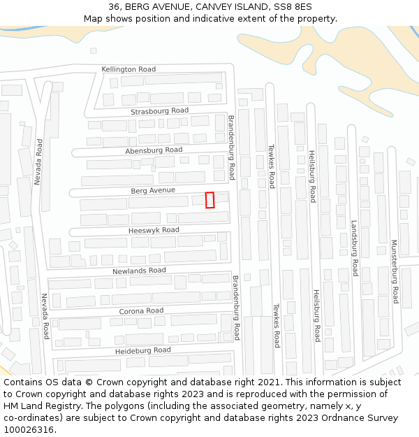 36, BERG AVENUE, CANVEY ISLAND, SS8 8ES: Location map and indicative extent of plot