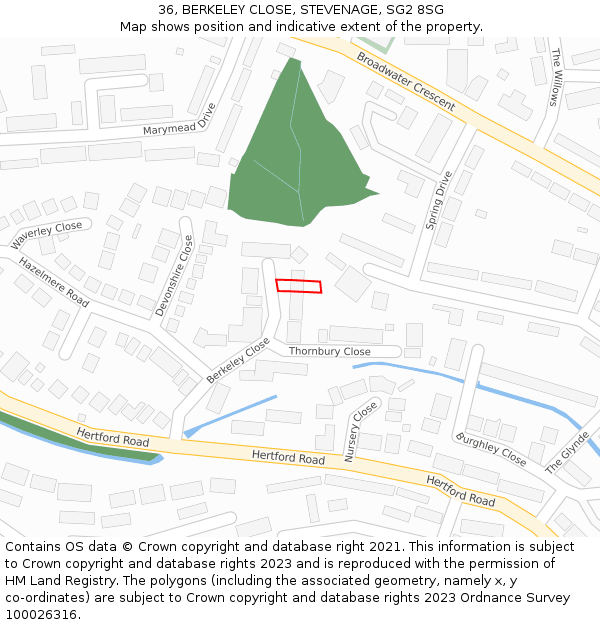 36, BERKELEY CLOSE, STEVENAGE, SG2 8SG: Location map and indicative extent of plot