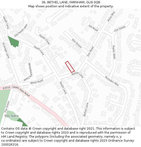 36, BETHEL LANE, FARNHAM, GU9 0QB: Location map and indicative extent of plot