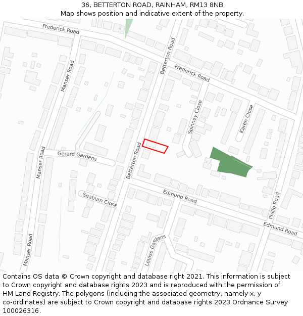 36, BETTERTON ROAD, RAINHAM, RM13 8NB: Location map and indicative extent of plot
