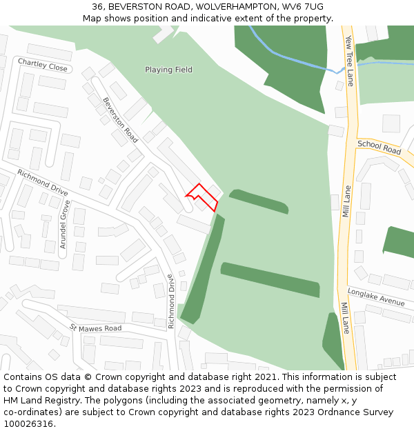 36, BEVERSTON ROAD, WOLVERHAMPTON, WV6 7UG: Location map and indicative extent of plot