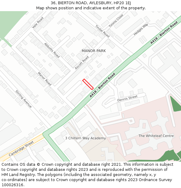 36, BIERTON ROAD, AYLESBURY, HP20 1EJ: Location map and indicative extent of plot