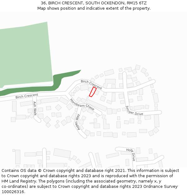 36, BIRCH CRESCENT, SOUTH OCKENDON, RM15 6TZ: Location map and indicative extent of plot