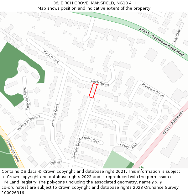 36, BIRCH GROVE, MANSFIELD, NG18 4JH: Location map and indicative extent of plot