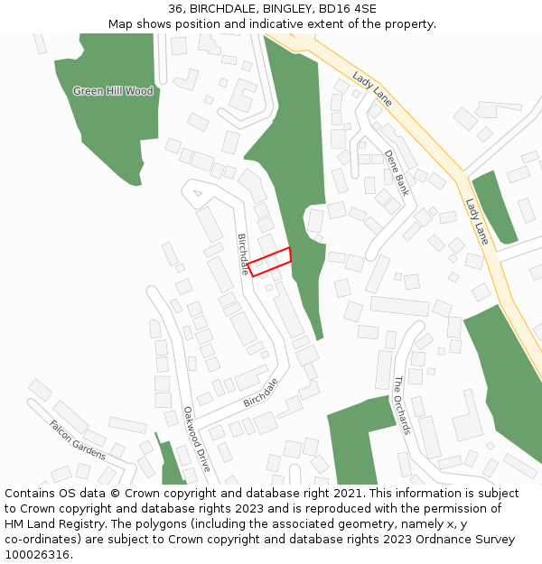 36, BIRCHDALE, BINGLEY, BD16 4SE: Location map and indicative extent of plot