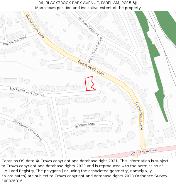 36, BLACKBROOK PARK AVENUE, FAREHAM, PO15 5JL: Location map and indicative extent of plot