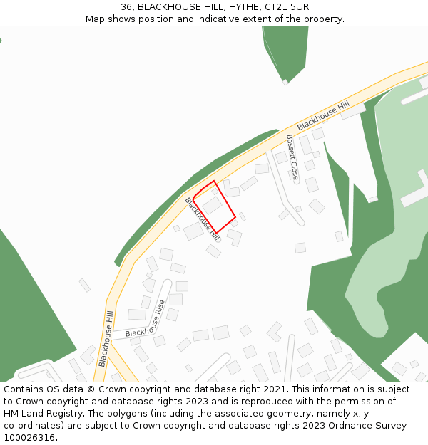 36, BLACKHOUSE HILL, HYTHE, CT21 5UR: Location map and indicative extent of plot
