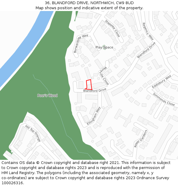 36, BLANDFORD DRIVE, NORTHWICH, CW9 8UD: Location map and indicative extent of plot