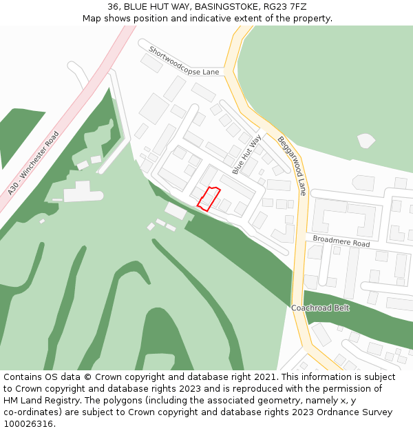 36, BLUE HUT WAY, BASINGSTOKE, RG23 7FZ: Location map and indicative extent of plot