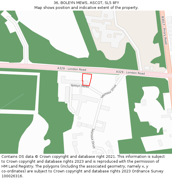 36, BOLEYN MEWS, ASCOT, SL5 8FY: Location map and indicative extent of plot