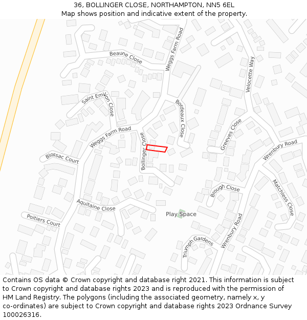 36, BOLLINGER CLOSE, NORTHAMPTON, NN5 6EL: Location map and indicative extent of plot