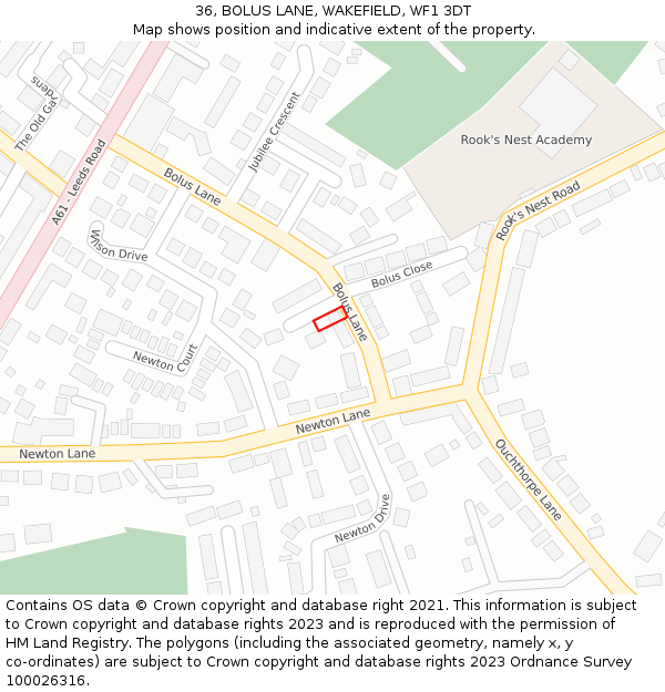 36, BOLUS LANE, WAKEFIELD, WF1 3DT: Location map and indicative extent of plot