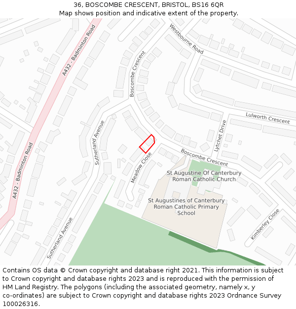 36, BOSCOMBE CRESCENT, BRISTOL, BS16 6QR: Location map and indicative extent of plot