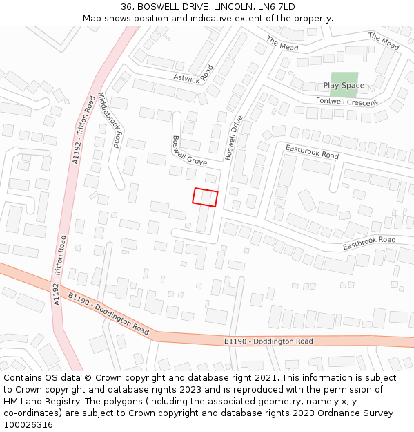 36, BOSWELL DRIVE, LINCOLN, LN6 7LD: Location map and indicative extent of plot