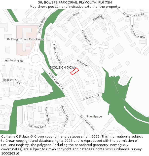 36, BOWERS PARK DRIVE, PLYMOUTH, PL6 7SH: Location map and indicative extent of plot