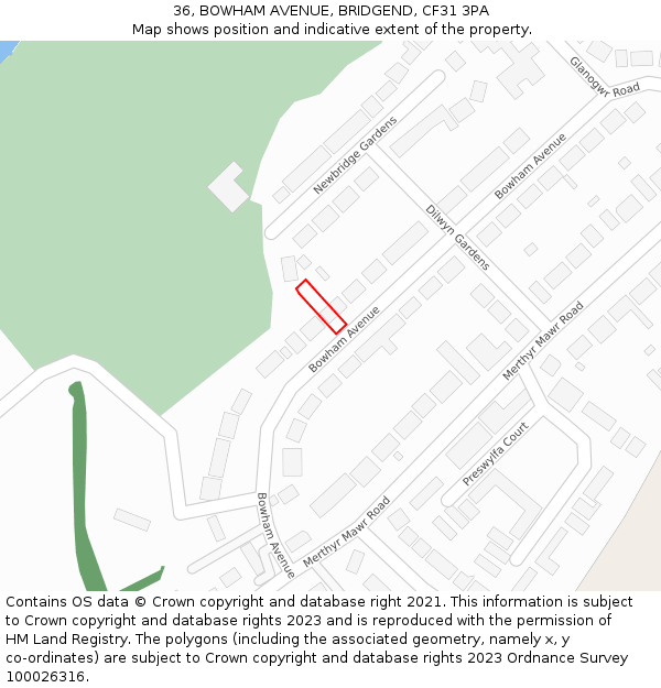 36, BOWHAM AVENUE, BRIDGEND, CF31 3PA: Location map and indicative extent of plot