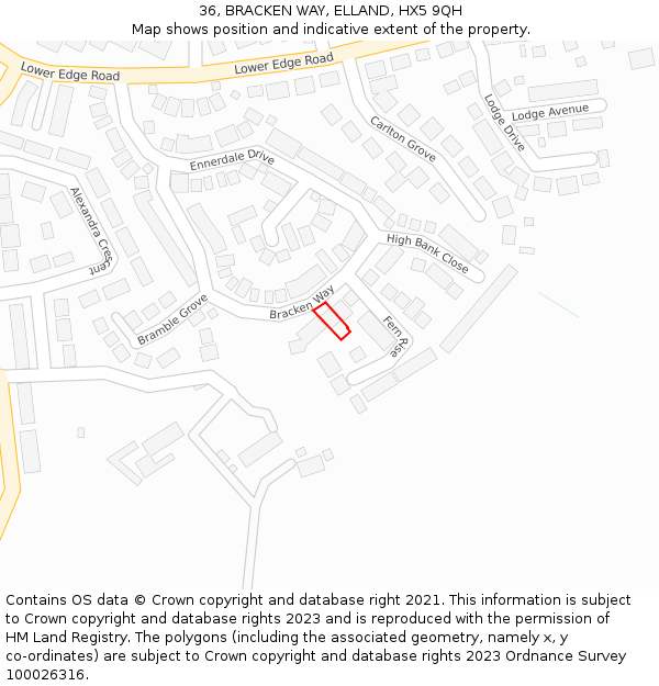 36, BRACKEN WAY, ELLAND, HX5 9QH: Location map and indicative extent of plot