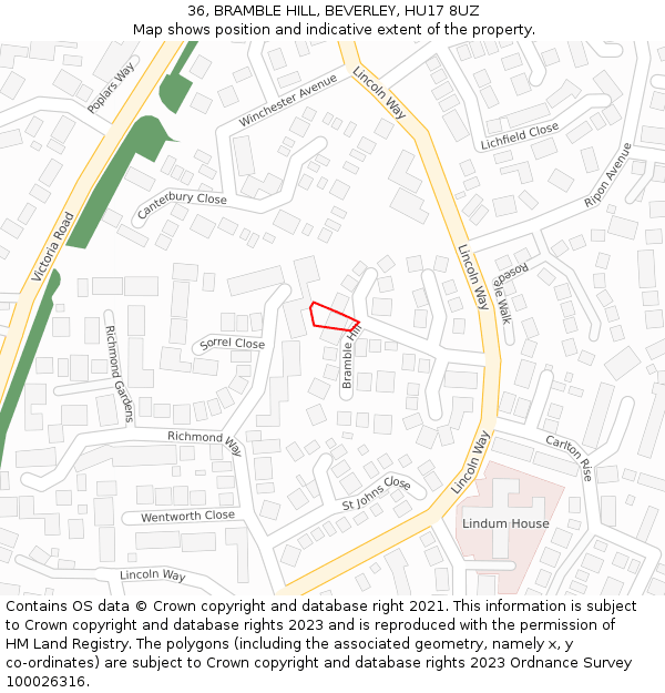 36, BRAMBLE HILL, BEVERLEY, HU17 8UZ: Location map and indicative extent of plot