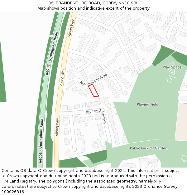 36, BRANDENBURG ROAD, CORBY, NN18 9BU: Location map and indicative extent of plot