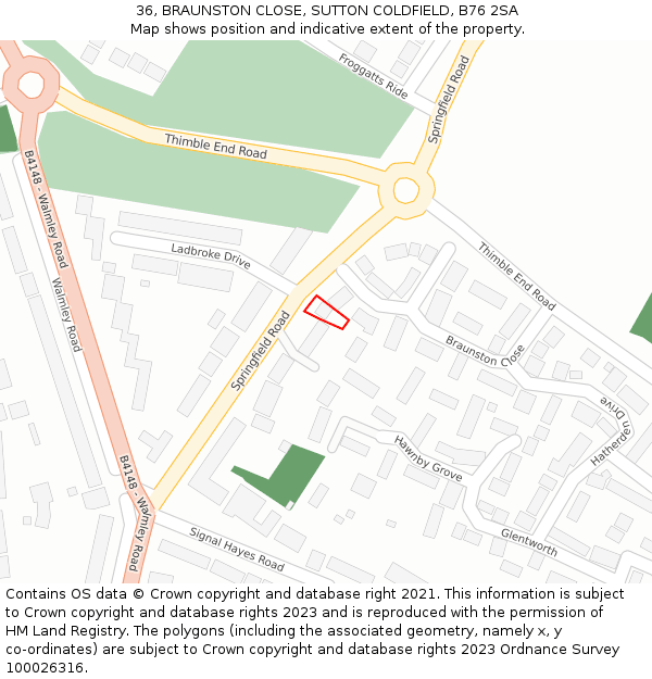 36, BRAUNSTON CLOSE, SUTTON COLDFIELD, B76 2SA: Location map and indicative extent of plot