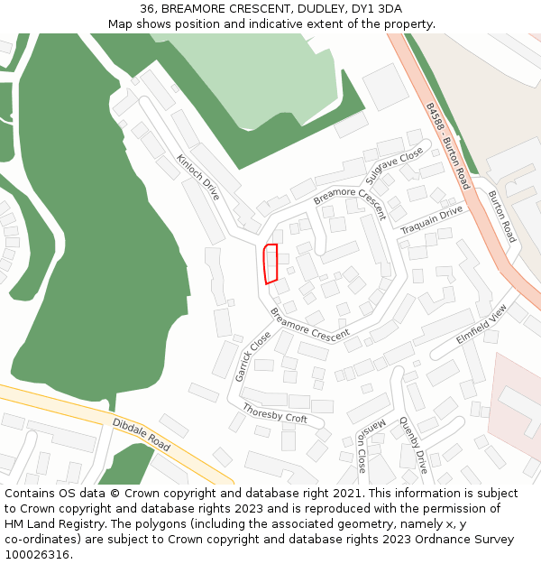 36, BREAMORE CRESCENT, DUDLEY, DY1 3DA: Location map and indicative extent of plot