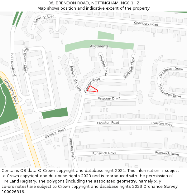 36, BRENDON ROAD, NOTTINGHAM, NG8 1HZ: Location map and indicative extent of plot