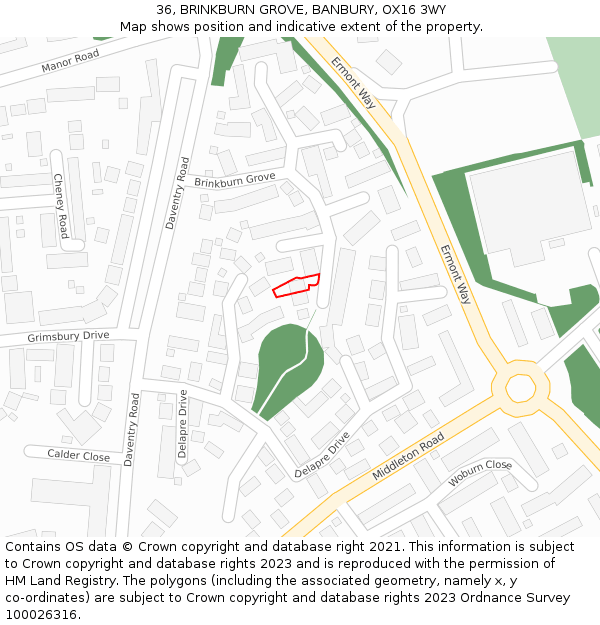 36, BRINKBURN GROVE, BANBURY, OX16 3WY: Location map and indicative extent of plot