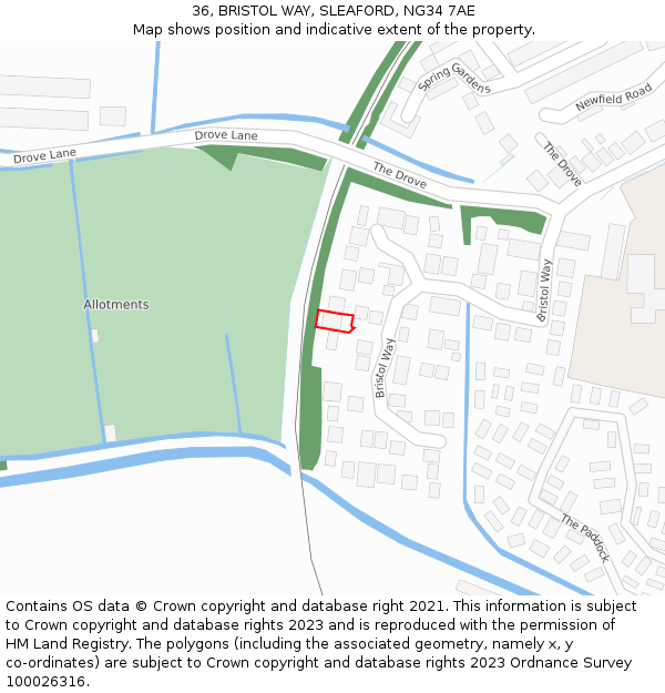 36, BRISTOL WAY, SLEAFORD, NG34 7AE: Location map and indicative extent of plot