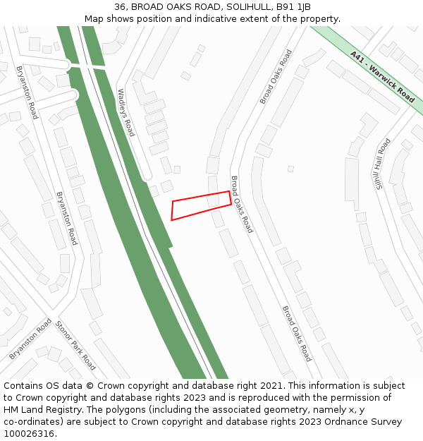 36, BROAD OAKS ROAD, SOLIHULL, B91 1JB: Location map and indicative extent of plot