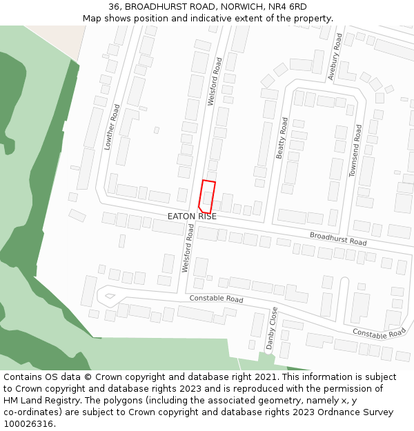 36, BROADHURST ROAD, NORWICH, NR4 6RD: Location map and indicative extent of plot