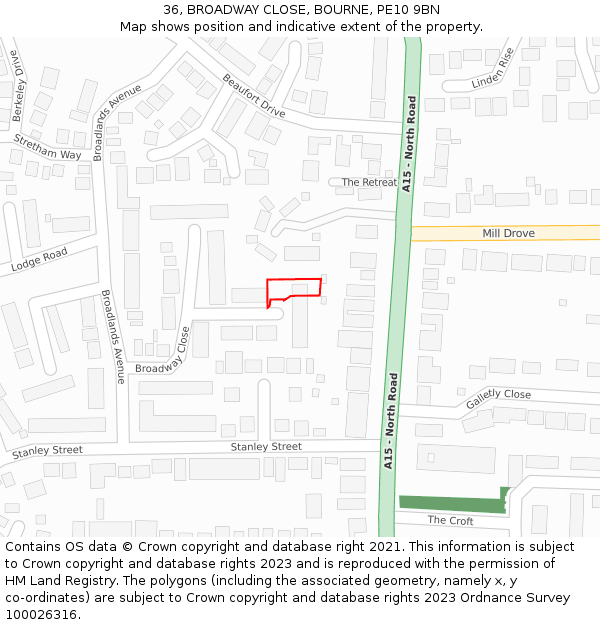 36, BROADWAY CLOSE, BOURNE, PE10 9BN: Location map and indicative extent of plot