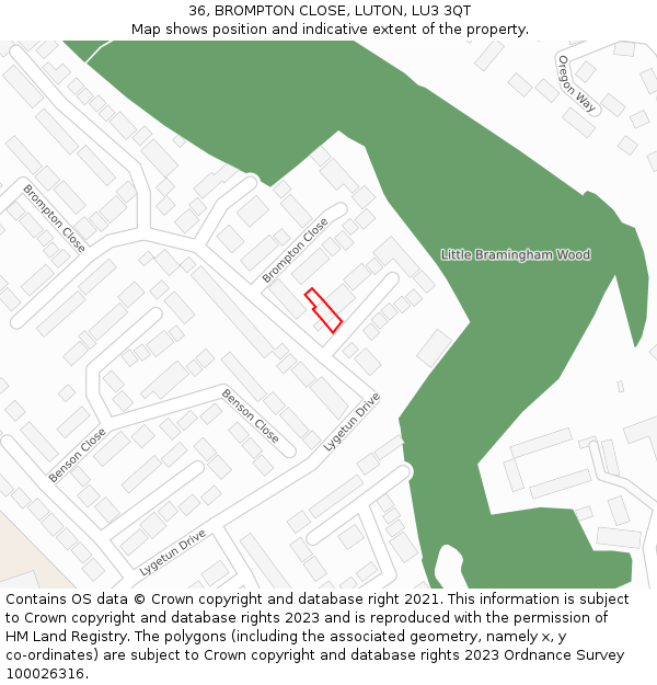 36, BROMPTON CLOSE, LUTON, LU3 3QT: Location map and indicative extent of plot