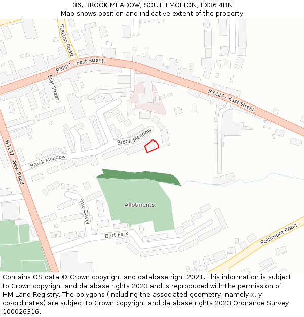 36, BROOK MEADOW, SOUTH MOLTON, EX36 4BN: Location map and indicative extent of plot