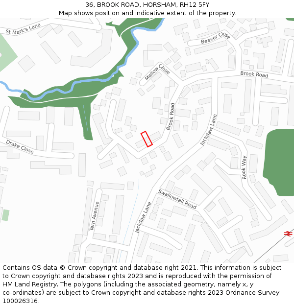 36, BROOK ROAD, HORSHAM, RH12 5FY: Location map and indicative extent of plot