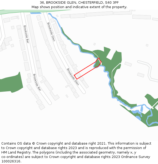 36, BROOKSIDE GLEN, CHESTERFIELD, S40 3PF: Location map and indicative extent of plot