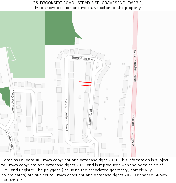 36, BROOKSIDE ROAD, ISTEAD RISE, GRAVESEND, DA13 9JJ: Location map and indicative extent of plot