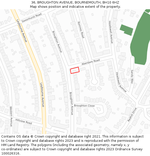 36, BROUGHTON AVENUE, BOURNEMOUTH, BH10 6HZ: Location map and indicative extent of plot