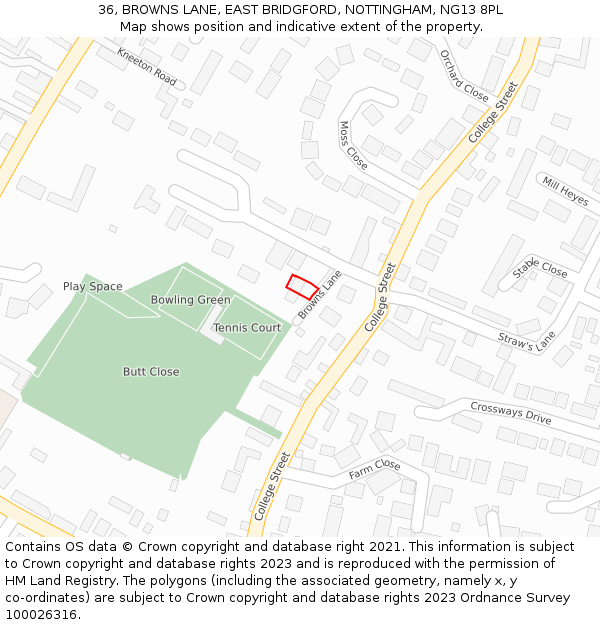 36, BROWNS LANE, EAST BRIDGFORD, NOTTINGHAM, NG13 8PL: Location map and indicative extent of plot