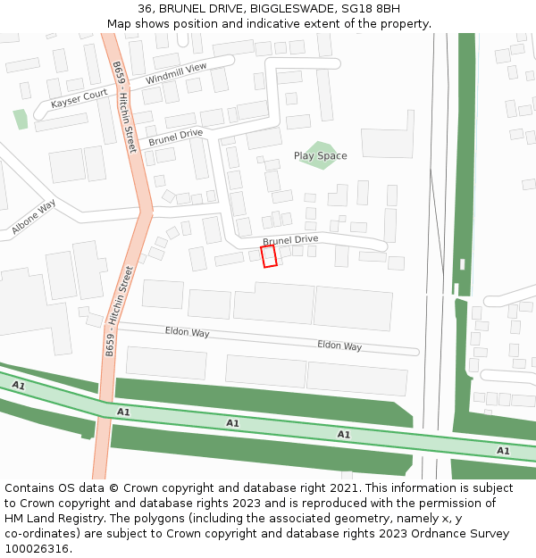 36, BRUNEL DRIVE, BIGGLESWADE, SG18 8BH: Location map and indicative extent of plot