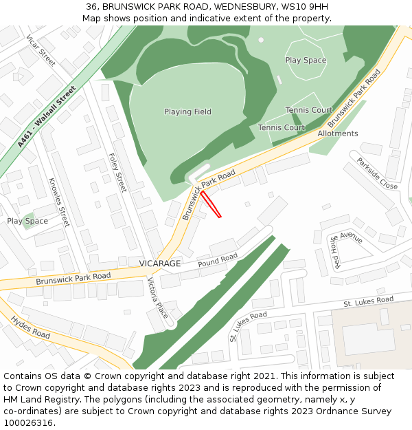 36, BRUNSWICK PARK ROAD, WEDNESBURY, WS10 9HH: Location map and indicative extent of plot