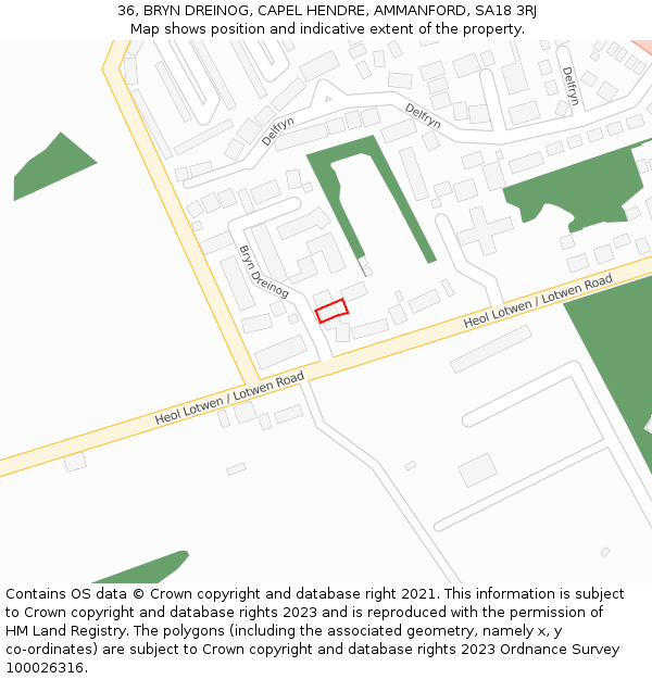 36, BRYN DREINOG, CAPEL HENDRE, AMMANFORD, SA18 3RJ: Location map and indicative extent of plot